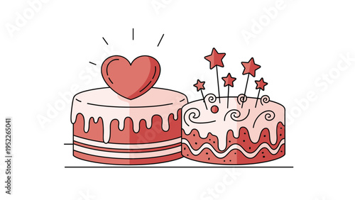 Pair of festive cakes decorated with a large red heart and multiple red stars on sticks for romantic or celebratory occasions.