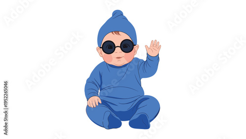 Cute illustration of a baby wearing a blue outfit, a beanie, and round dark sunglasses waving a hand on a white background.