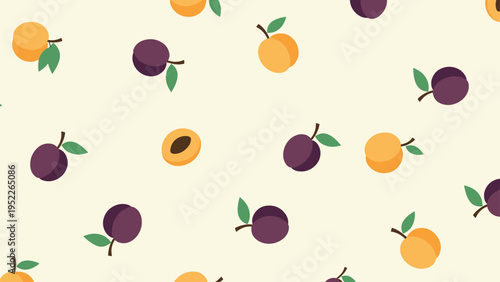 Cute and simple pattern of purple plums and orange apricots with green leaves scattered across a light cream background.
