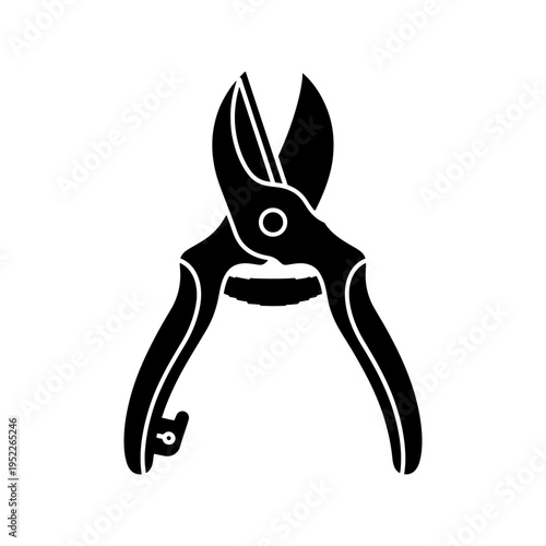 A stark black silhouette depicts a pair of gardening shears highlighting their tool design silhouette