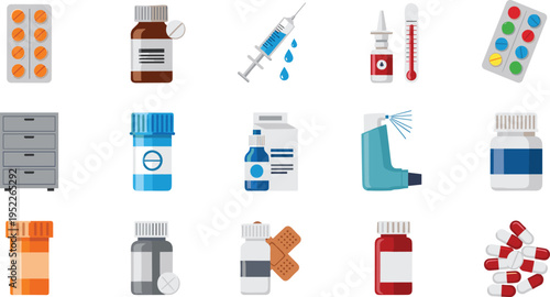 medicine healthcare icon set, pills capsules syringe illustration, pharmacy drugs collection, medical treatment symbols, vaccination icons, healthcare equipment vector, pharmaceutical design