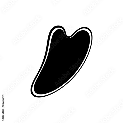 A striking black and white image depicts a facial gua sha tool presented as a bold silhouette