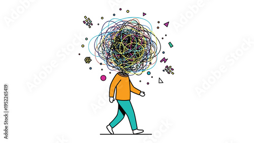 Conceptual illustration of a person walking with a large tangled scribble for a head, representing confusion, stress, or anxiety.