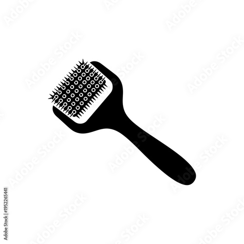 A stark black silhouette of a grooming tool specifically a slicker brush is prominently displayed