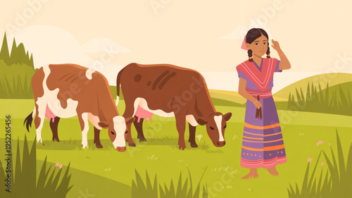 Woman in traditional dress standing with cows grazing in a green field at sunset serene rural landscape