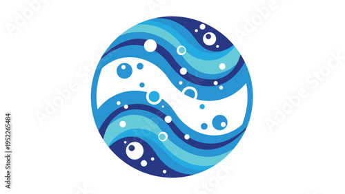 Abstract circular design with flowing waves in various shades of blue and white bubbles, representing water or ocean energy.
