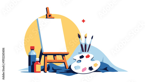Artistic setup showing an easel with a blank canvas, a palette with colorful paints, brushes, and bottles on a draped cloth.