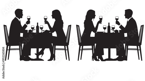 Silhouette Couples Drinking Wine at Restaurant Table Isolated on White