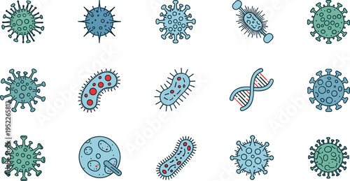 virus bacteria icon set, microbiology illustration, pathogen symbols, covid virus icons, dna strand graphic, medical science vector, healthcare infection design