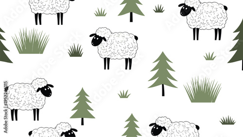 Charming seamless illustration depicts fluffy white sheep grazing among tall pine trees and grass tufts on a bright white backdrop.