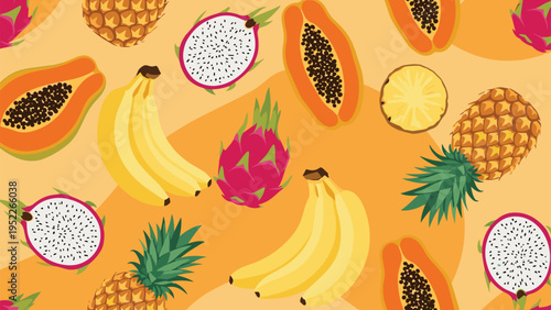 Tropical fruit arrangement features whole and sliced papaya, pineapple, banana, and dragon fruit over an orange textured background.