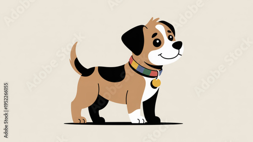 Cute brown and black puppy dog with colorful collar standing on beige background smiling
