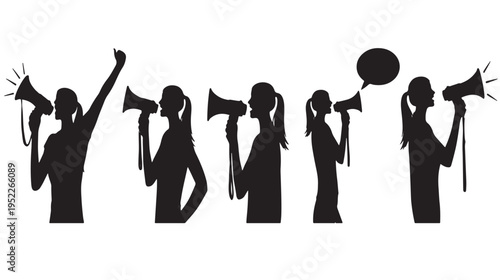 Women Silhouettes Holding Megaphones Protesting Isolated on White Background