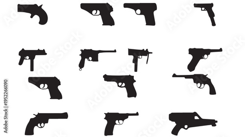 Handguns Collection Black Silhouettes Isolated on White Background Vector Illustration