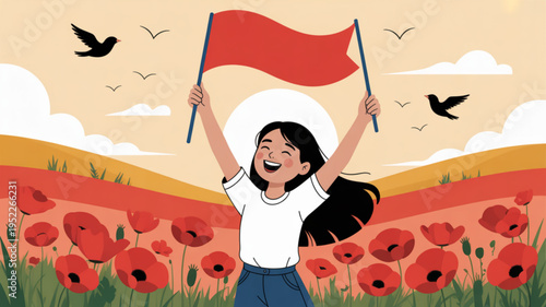 Woman holding red flag in poppy field with birds flying symbolizing freedom and joy in a serene natural landscape