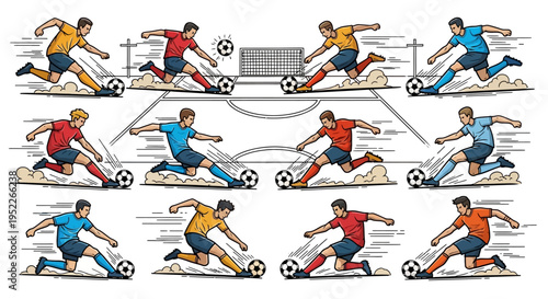 Multiple illustrations of soccer players in action on a field, kicking balls towards a goal, depicting various dynamic movements and game scenarios.