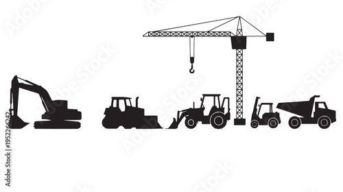 Construction Vehicles Heavy Equipment Silhouette Set Isolated on White Background Vector Icons