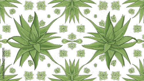 Symmetrical succulent arrangement displays aloe vera plants and desert flora in a balanced botanical pattern on a white backdrop.