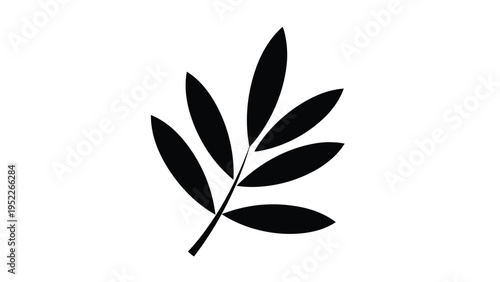 Solid black silhouette of a leafy botanical sprig shows multiple pointed leaves on a single stem against a clean white background.