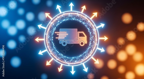Glowing delivery truck icon inside a network circle with outward arrows symbolizing global logistics