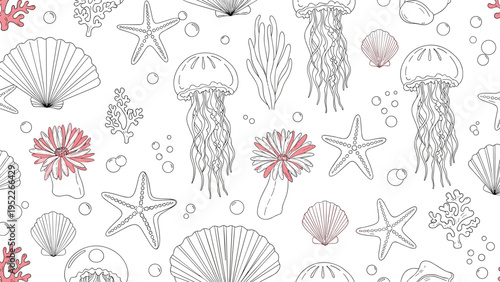 Intricate sea life pattern displays jellyfish, seashells, starfish, and anemones in a detailed black and white line art style for kids.