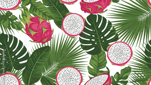 Lush tropical pattern combines pink dragon fruit slices with various green monstera and palm leaves on a plain white background.