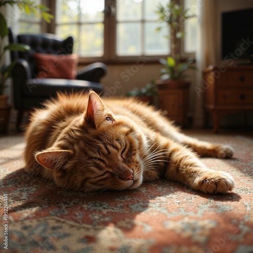 Fluffy ginger cat sleeping peacefully on a patterned carpet in a cozy living room