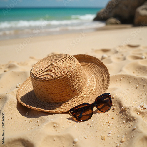 Beach hat and sunglasses on sandy beach with ocean background