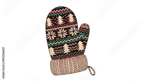 Single knitted winter mitten features a detailed fair isle pattern with evergreen trees, snowflakes, and warm earthy color tones.