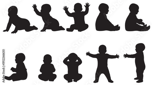Baby Silhouettes Collection in Various Poses Isolated on White Background Vector Set