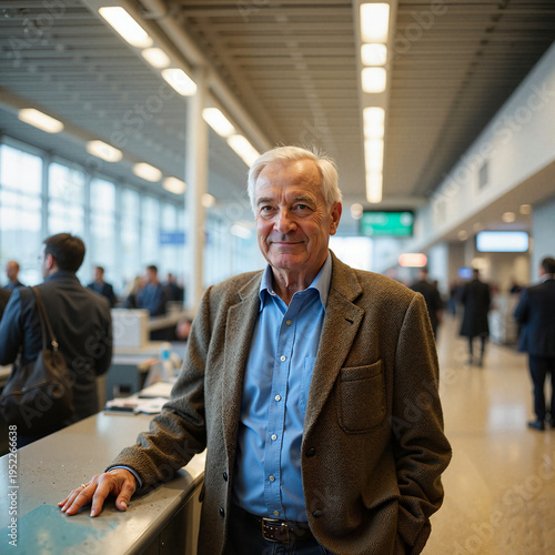 Businessman in gray blazer smiling at a modern airport terminal