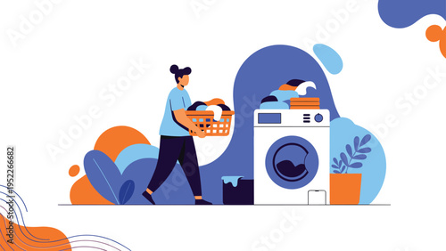 Modern flat illustration depicts a woman carrying a laundry basket next to a white washing machine in a blue and orange theme.