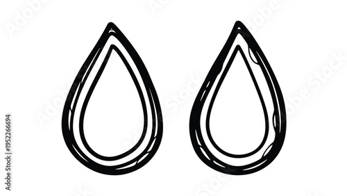 Simple black and white line art illustration shows a pair of stylized teardrops or water droplets on a plain white background.