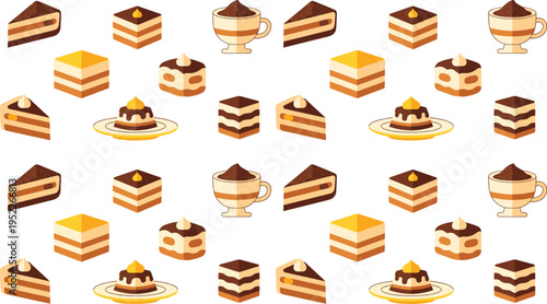 Delicious Slices of Cake, Puddings, and Coffee Cups with Chocolate and Cream, Perfect for Dessert Menus, Cafes, and Bakery Branding