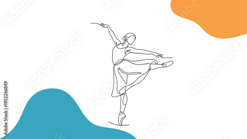 Elegant one line drawing of a ballerina in a graceful pose is set against a background of soft abstract blue and orange shapes.