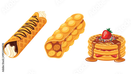 Tasty pastry collection features a chocolate-filled cannoli, a golden egg waffle, and a tall stack of pancakes with maple syrup.