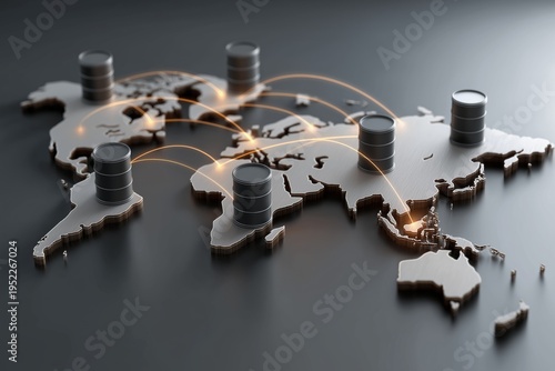 Dark world map shows oil barrels on continents