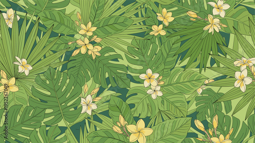 Tropical paradise pattern features lush green monstera leaves and palm fronds paired with delicate yellow plumeria flower blossoms.