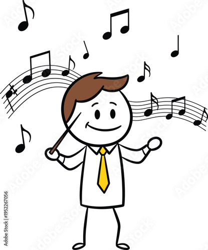 Music Conductor Cartoon Character with Musical Notes and Staff Illustration for Orchestra Performance, Classical Music Education, and Creative Sound Concept Design