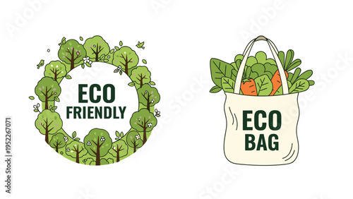 Eco-friendly concept illustrations showing a circular tree emblem and a reusable cloth bag filled with fresh vegetables and carrots.