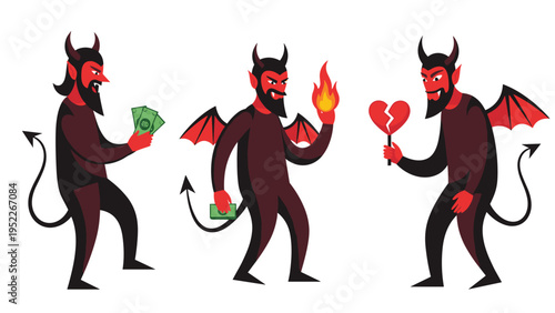 Three devil characters in various poses holding money, a flame, and a broken heart to symbolize temptation and evil influences.