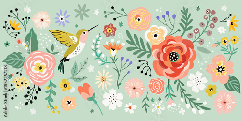 A vibrant illustration of a hummingbird amongst colorful stylized flowers
