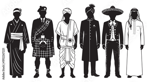 Traditional Cultural Clothing Men Silhouettes Vector Illustration Isolated on White