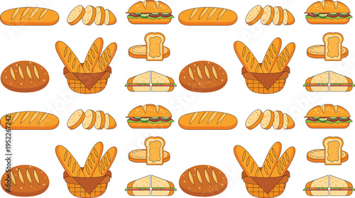 Assorted Breads, Loaves, and Sandwiches, Ideal for Bakery, Deli Menus, and Food Branding Designs
