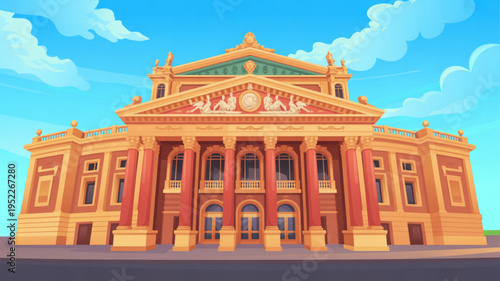 Illustration of a grand opera house with columns and ornate details under a blue sky with clouds