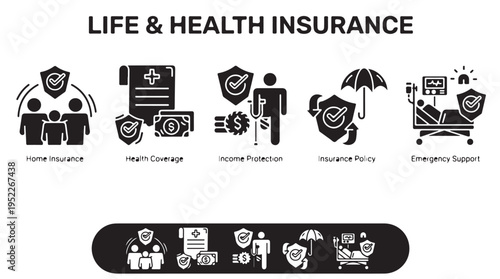 Life Health Insurance Icons Set Black and White Vector Illustration