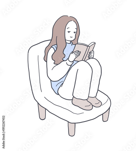 ソファに座って本を読む女性のイラスト素材