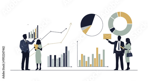 Business success illustration with charts graphs and a team of celebrating professionals