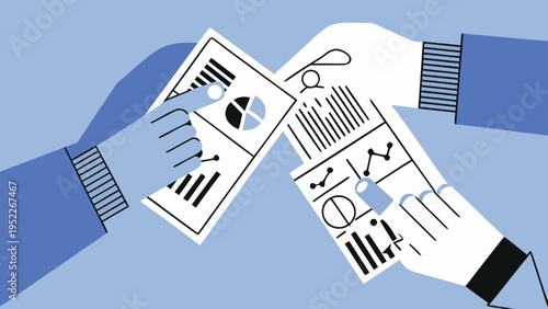 Hands exchanging papers with charts and graphs representing data analysis