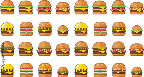 Assorted Delicious Burgers with Various Toppings and Cheeses, Perfect for Fast Food, Restaurant Menus, and Food Branding